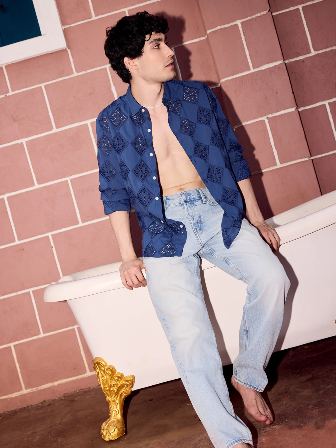 Aegean Blue Diamond Schiffli Shirt - Image 6