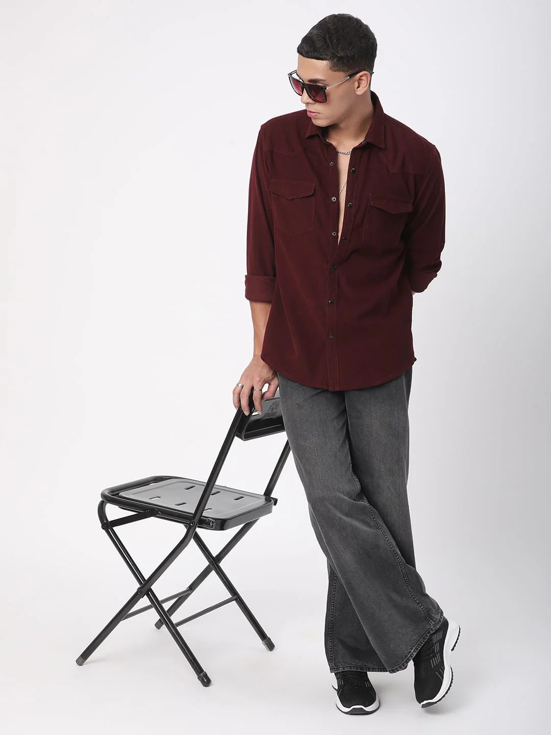 Aesthetic Maroon Double Flap Pocket Corduroy Overshirt - Image 7