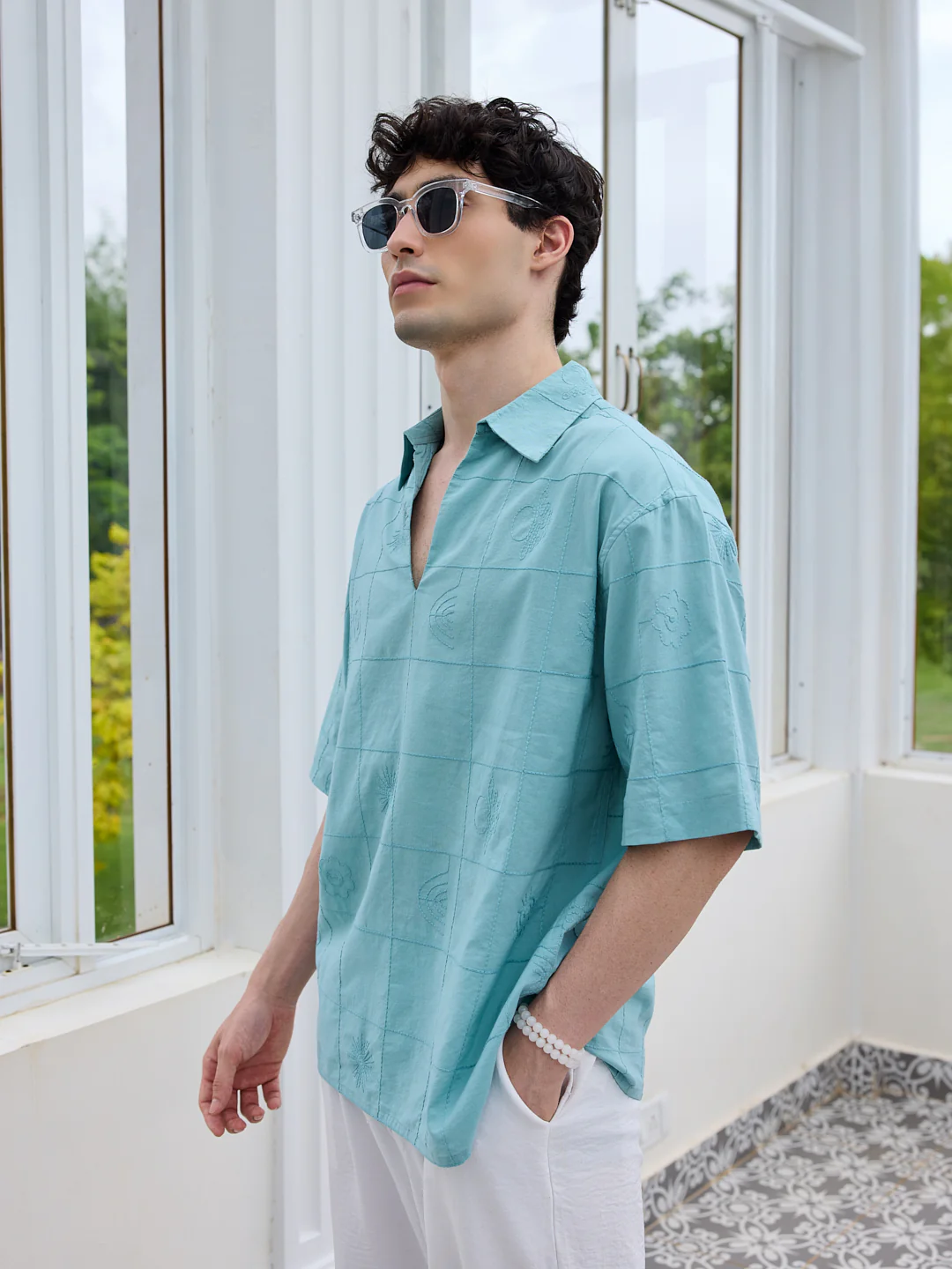 Aqua Blue Artisan Embroidery Oversized Polo Shirt - Image 5