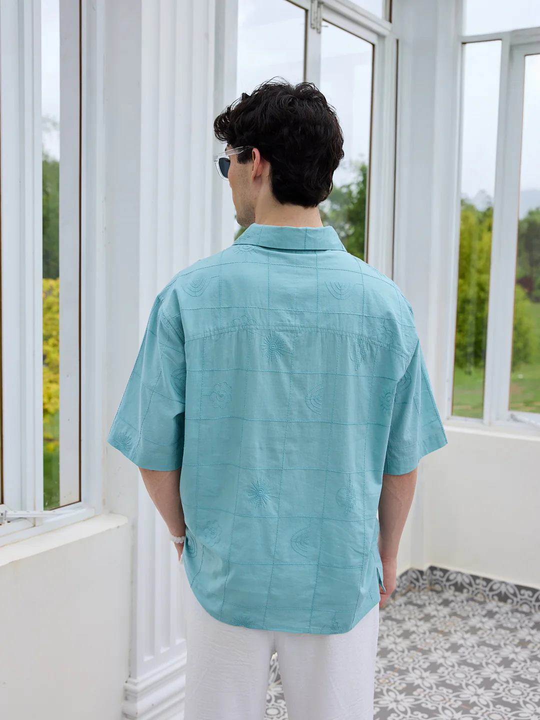 Aqua Blue Artisan Embroidery Oversized Polo Shirt - Image 6