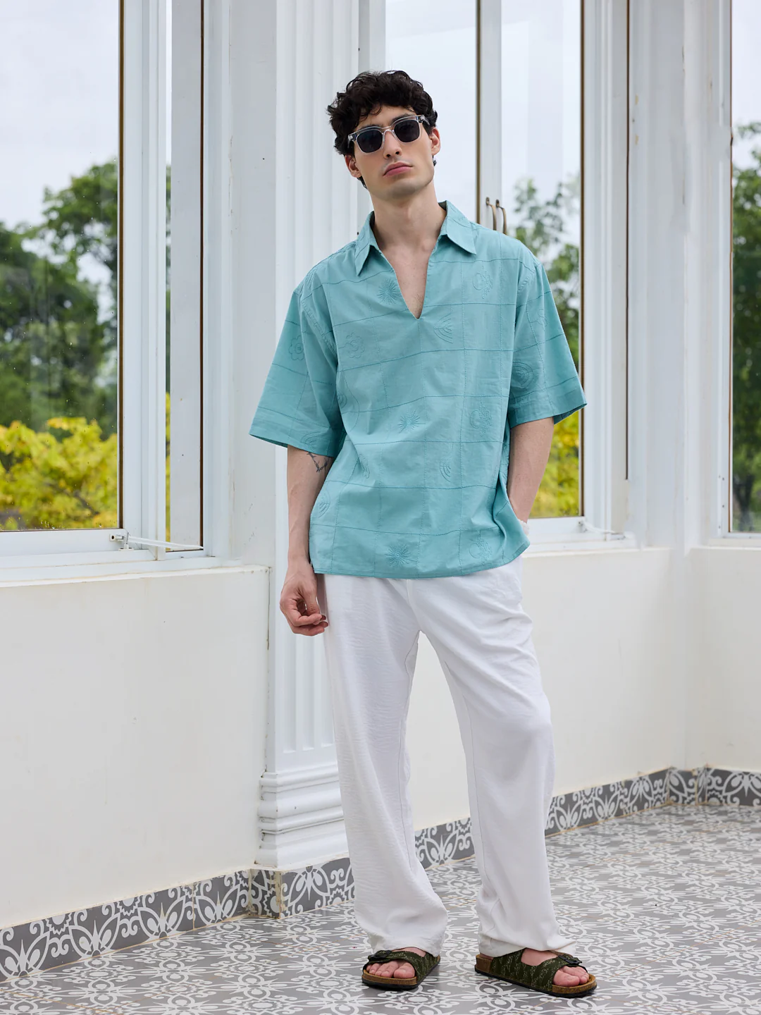 Aqua Blue Artisan Embroidery Oversized Polo Shirt - Image 7