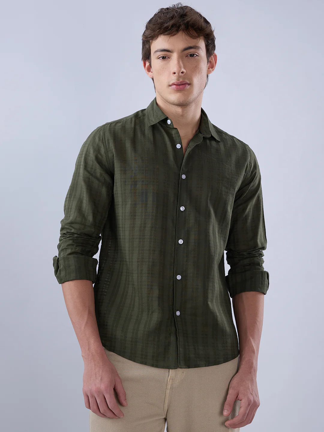 Army Green Textured Striped Shirt - Image 4