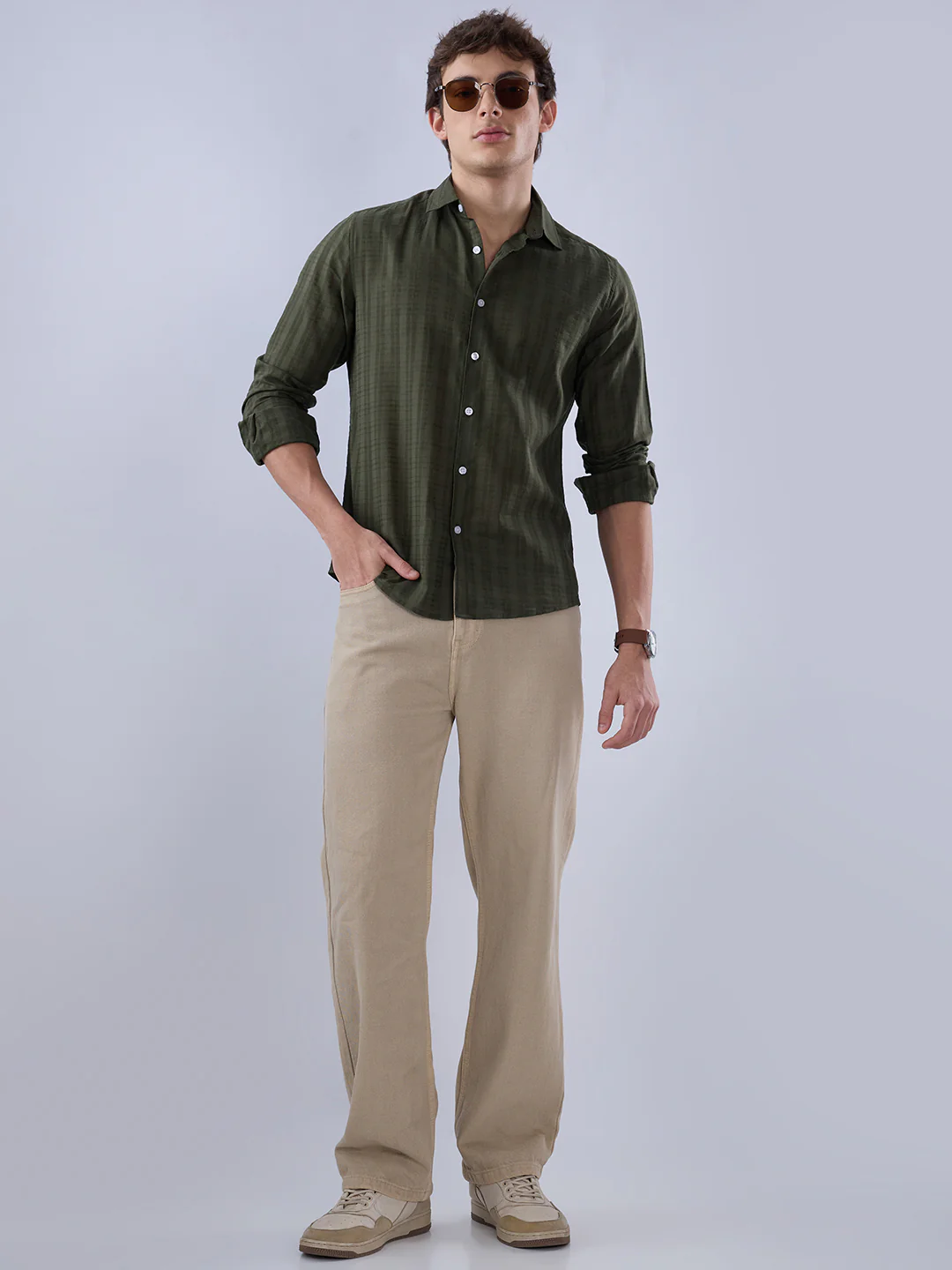 Army Green Textured Striped Shirt - Image 7