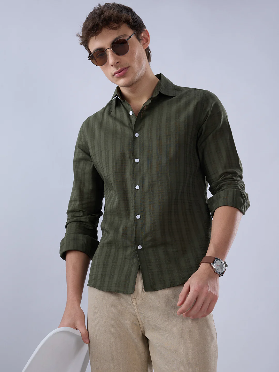 Army Green Textured Striped Shirt - Image 8