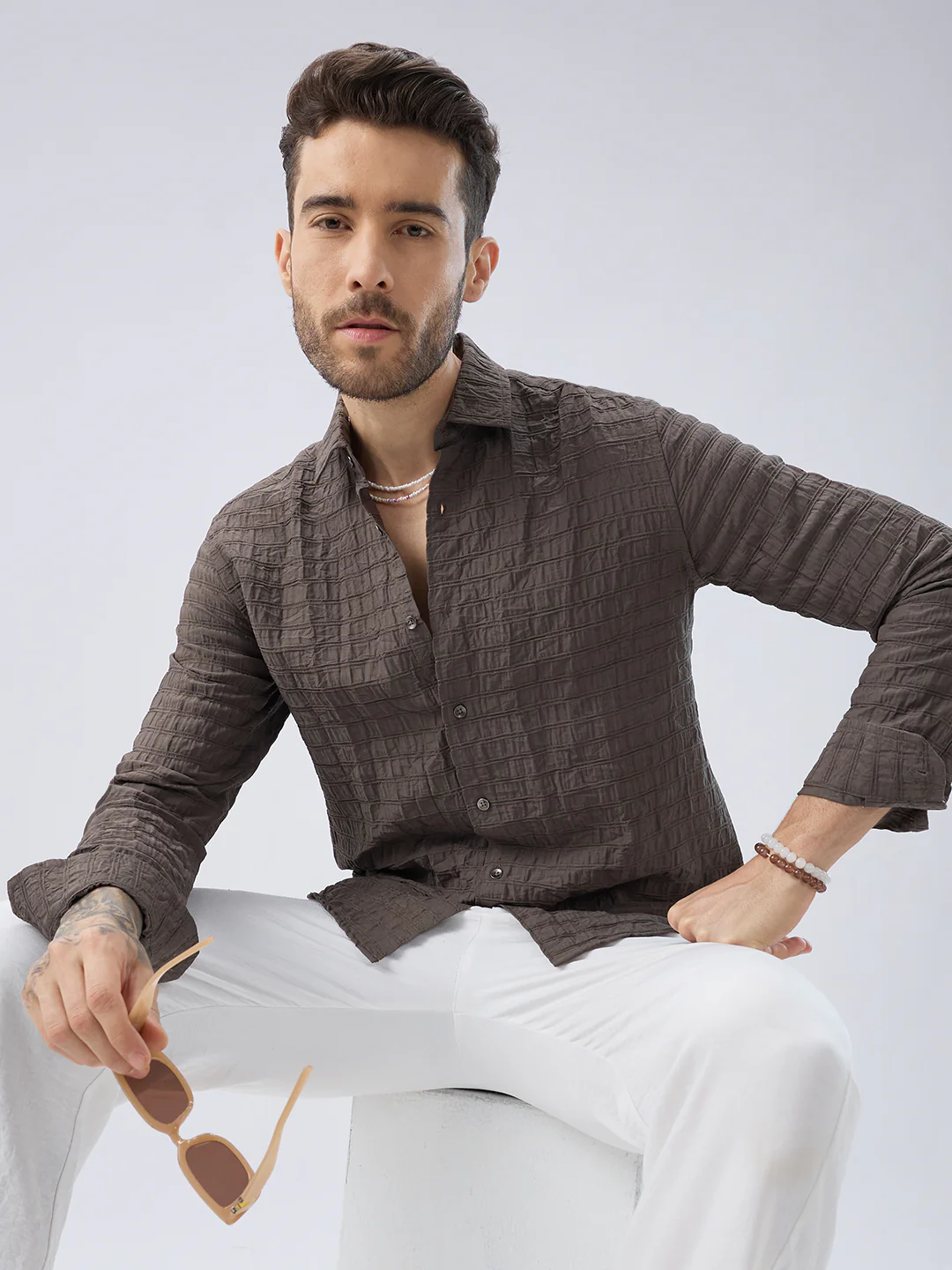 Ash Grey Striped Textured Crinkled Shirt