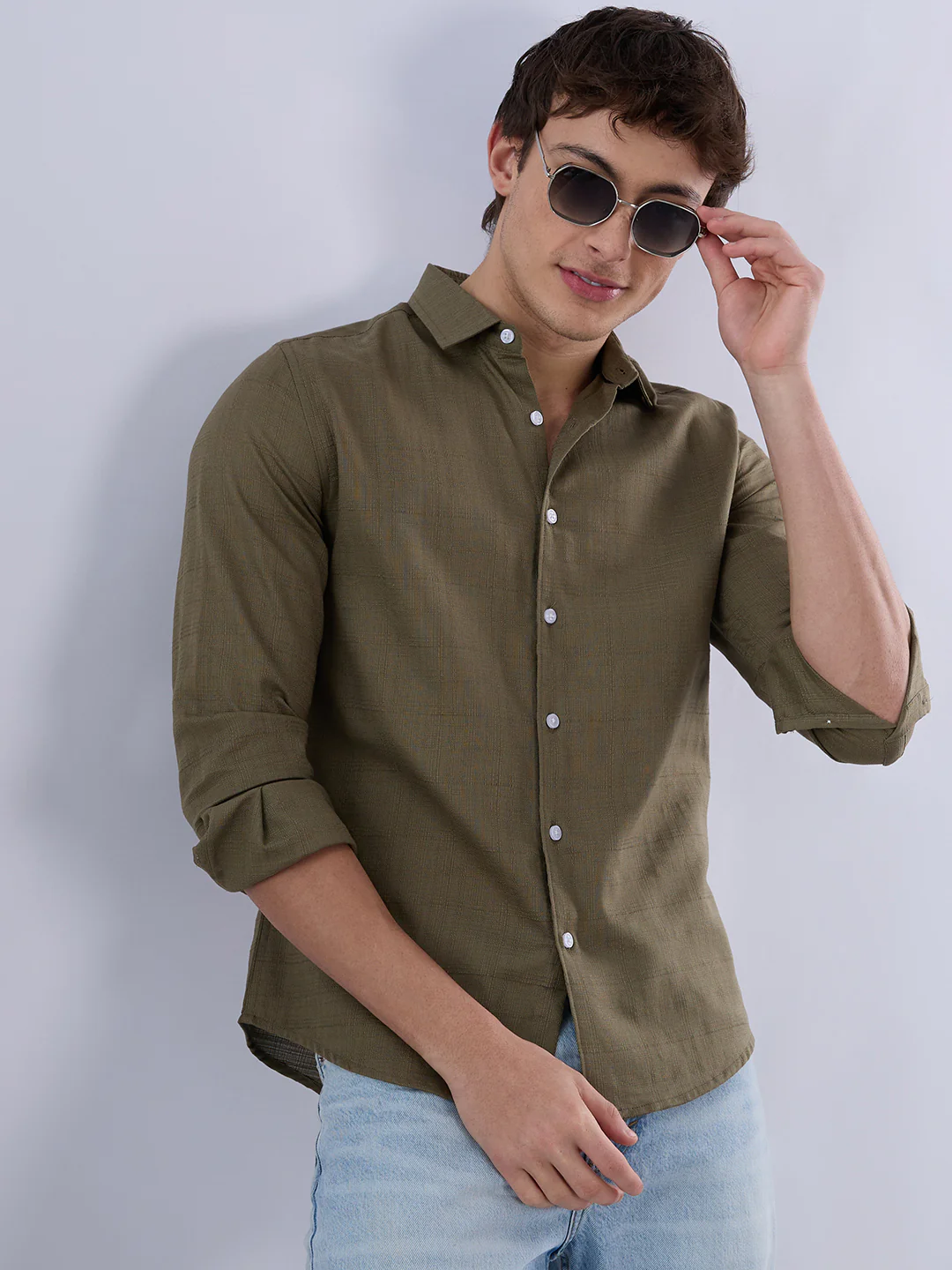 Asparagus Green Textured Weave Shirt