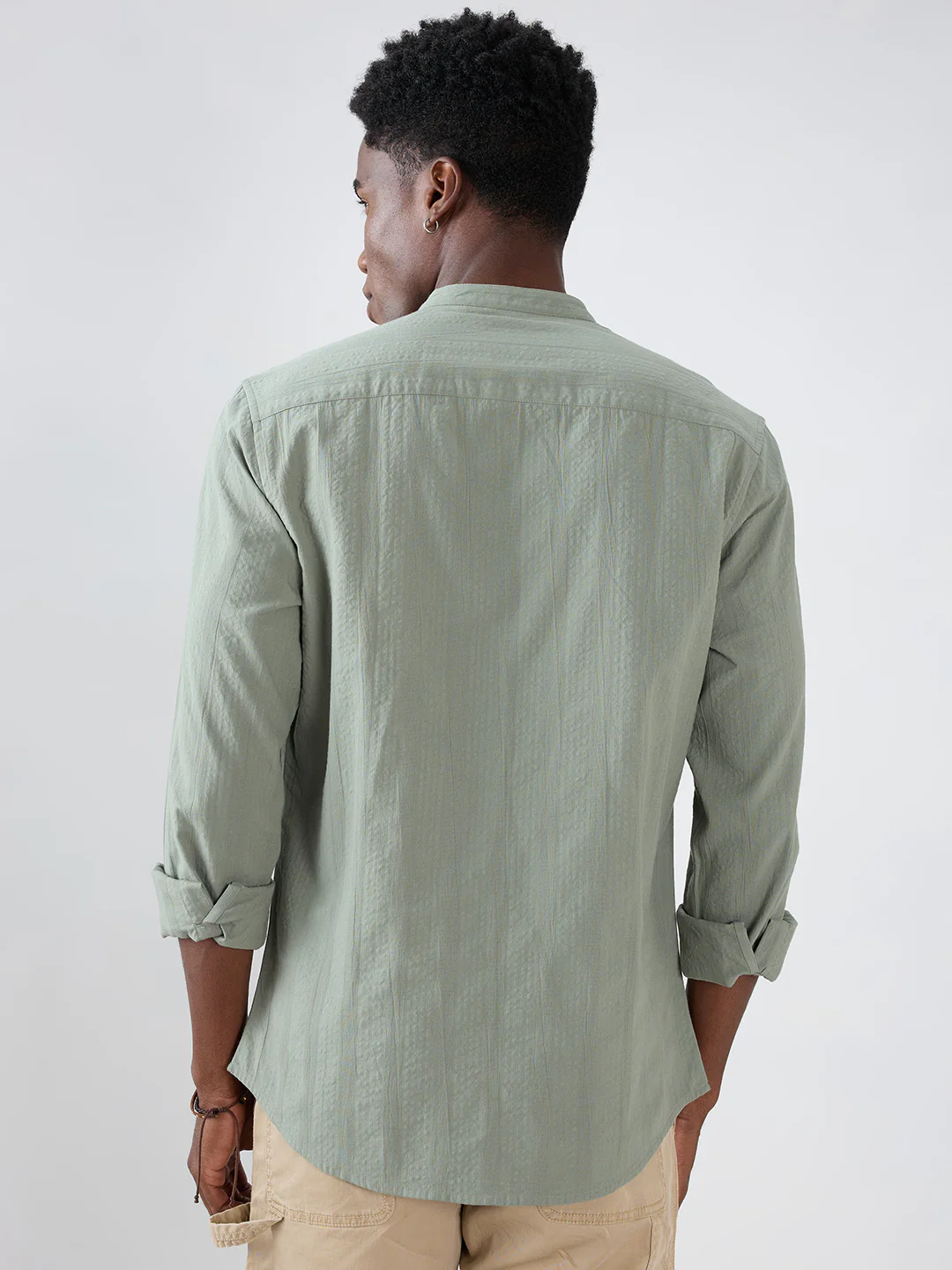 Asparagus Green Seersucker Striped Mandarin Shirt - Image 7