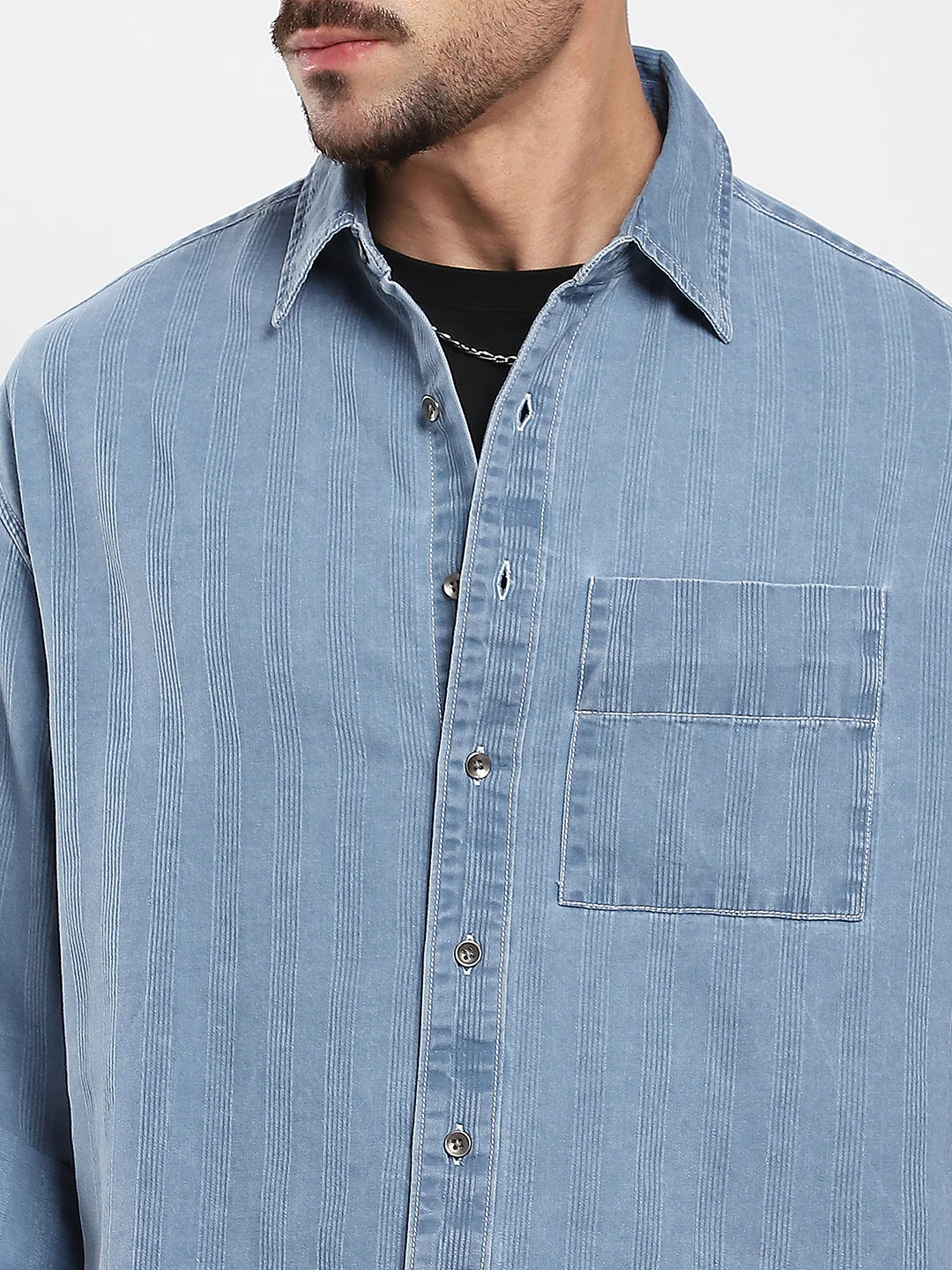 Azure Blue Denim Vertical Stripes Boxy Crop Shirt - Image 3