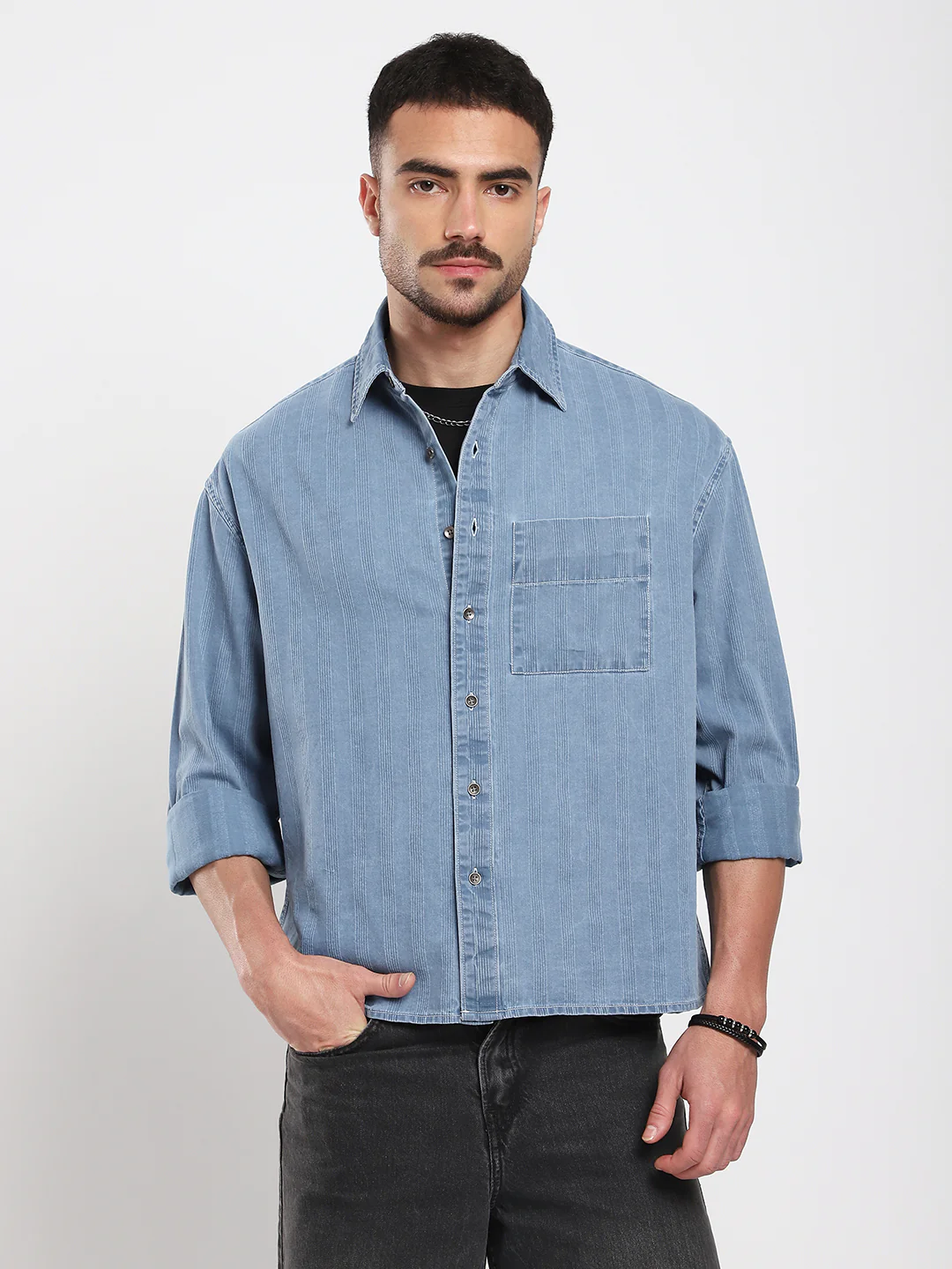 Azure Blue Denim Vertical Stripes Boxy Crop Shirt - Image 4