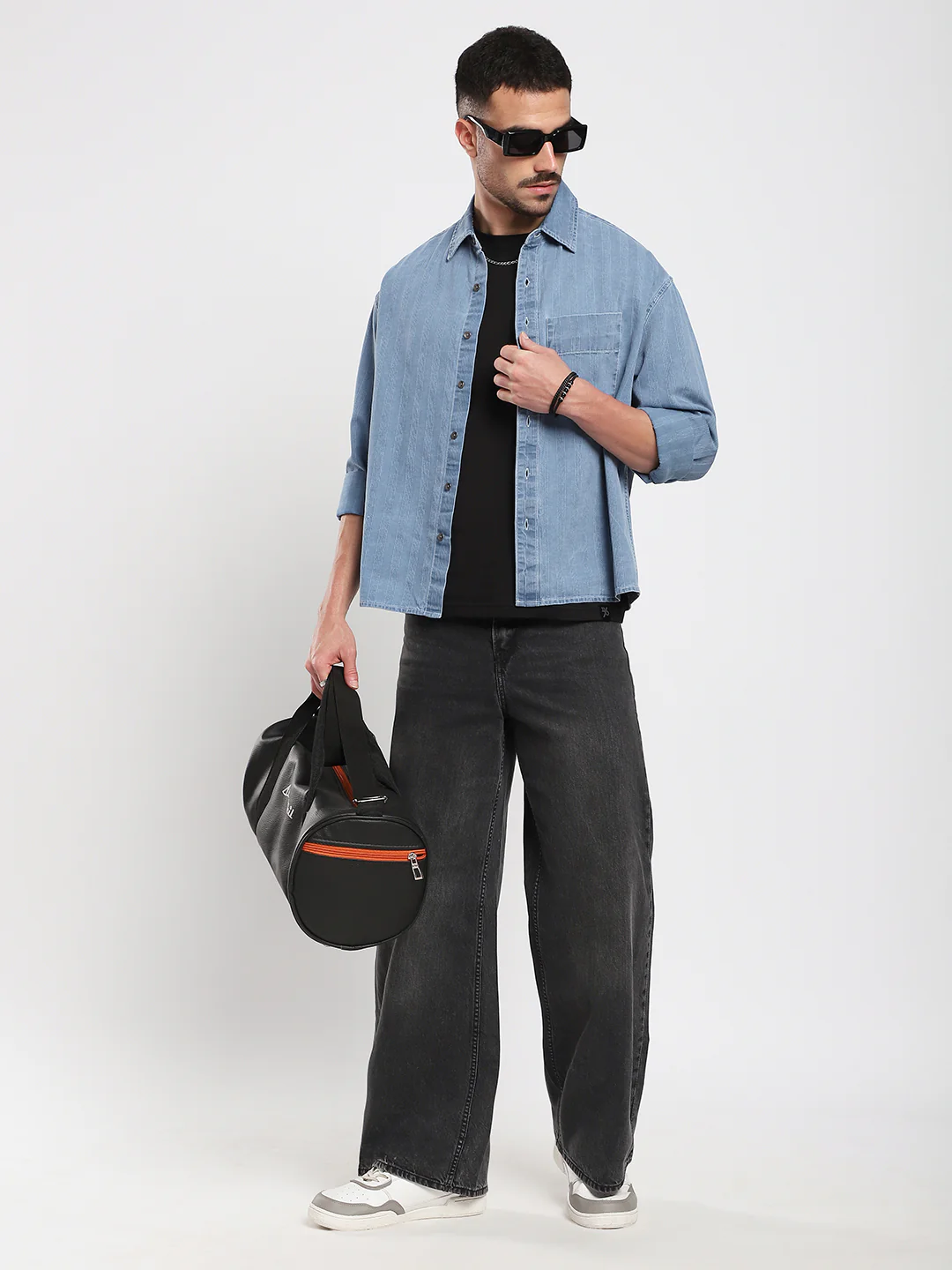 Azure Blue Denim Vertical Stripes Boxy Crop Shirt - Image 7