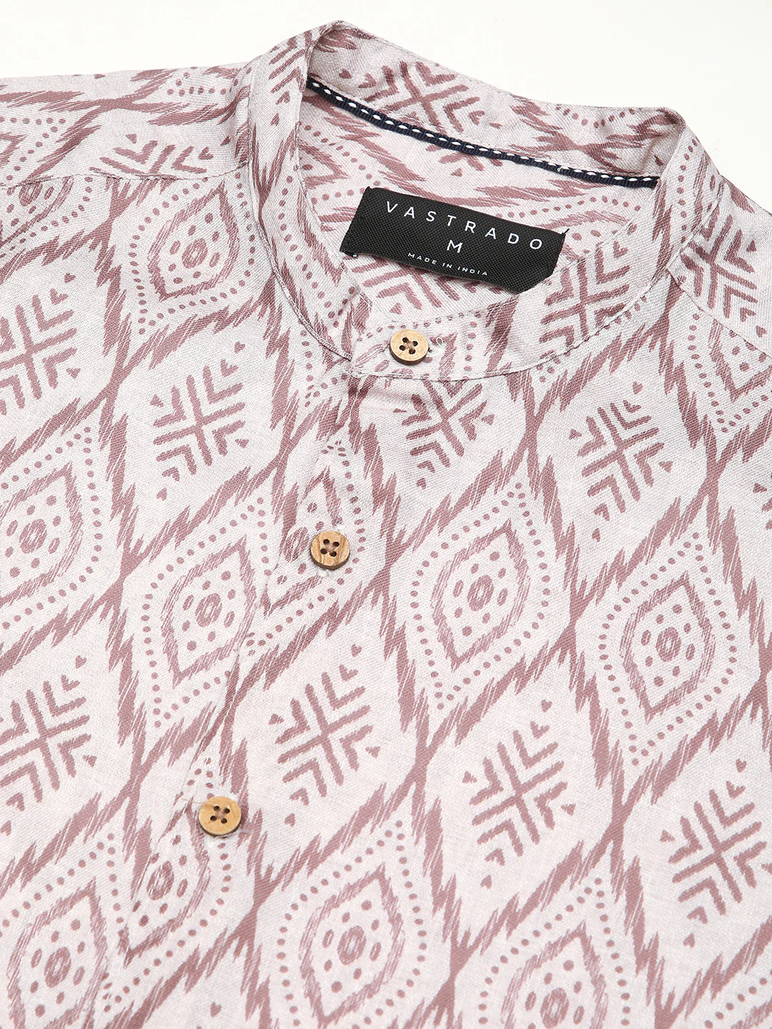 Beige & Brown Ikat Printed Mandarin Collar Shirt - Image 3