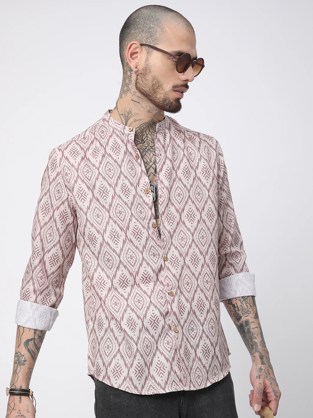 Beige & Brown Ikat Printed Mandarin Collar Shirt - Image 4