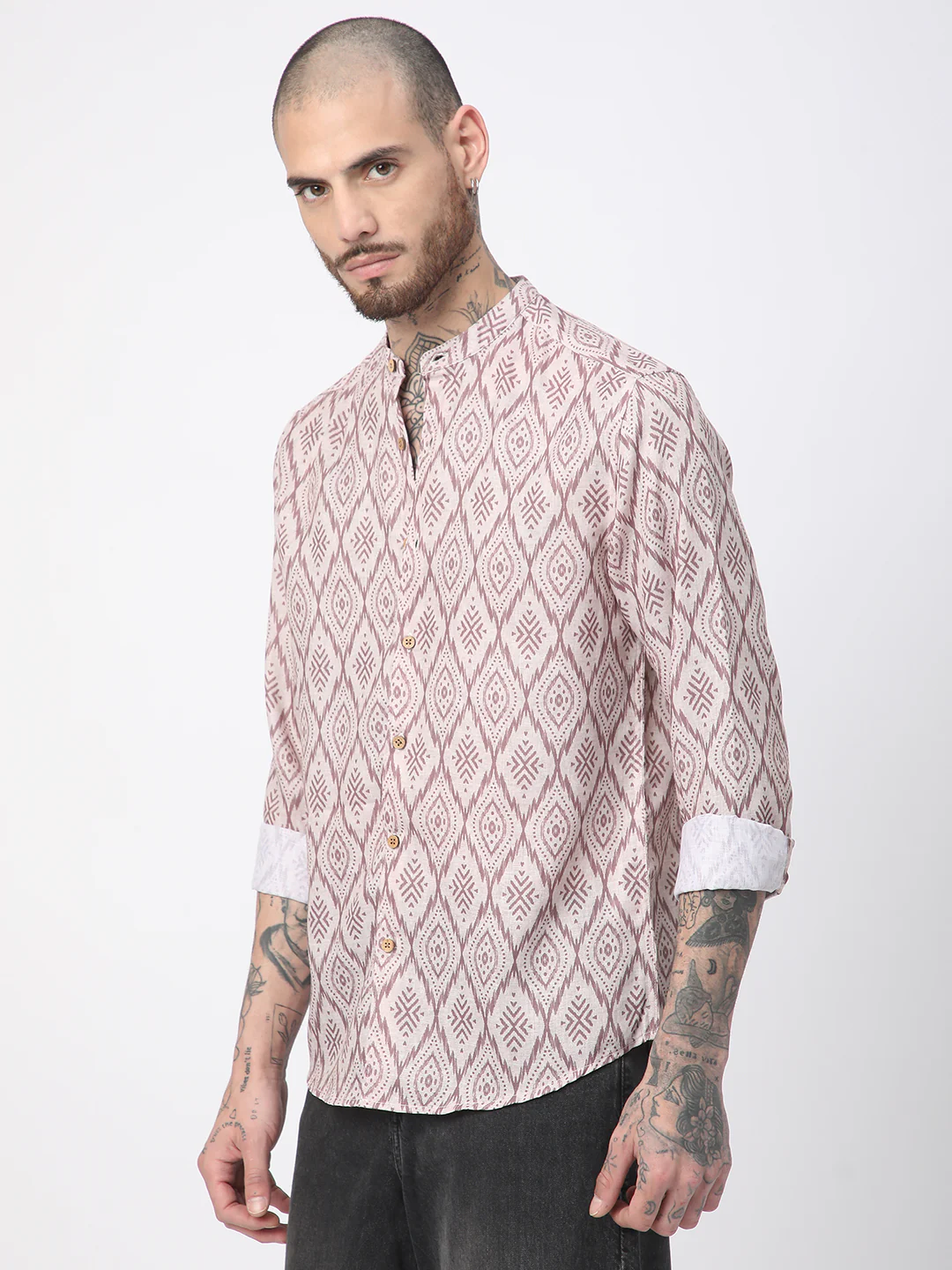 Beige & Brown Ikat Printed Mandarin Collar Shirt - Image 5