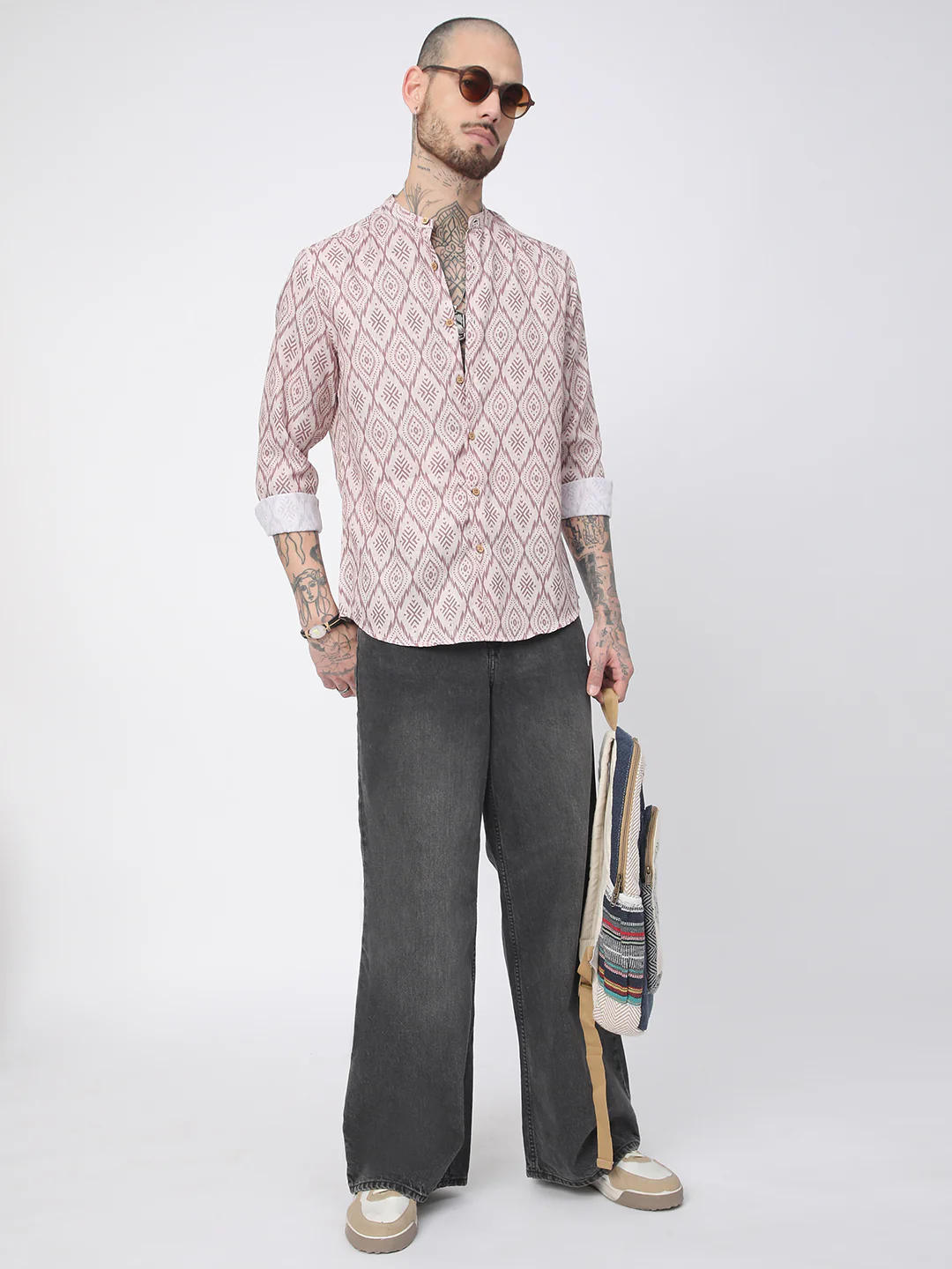 Beige & Brown Ikat Printed Mandarin Collar Shirt - Image 7