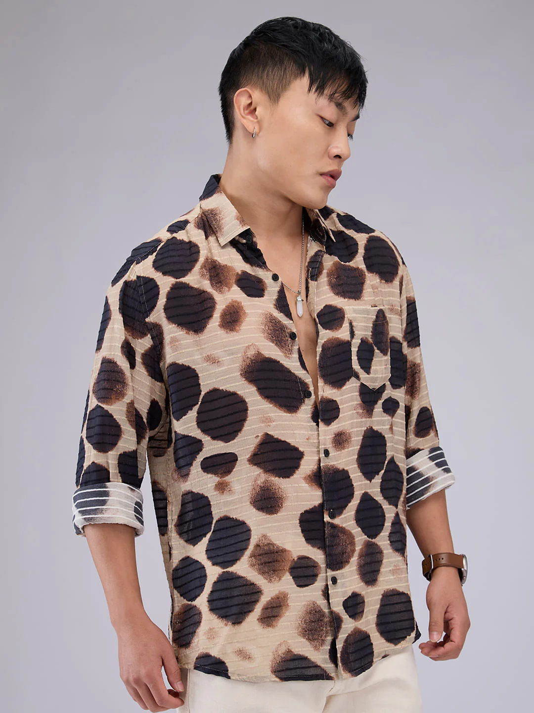 Beige Horizontal Dobby Striped Hawaiian Shirt - Image 6