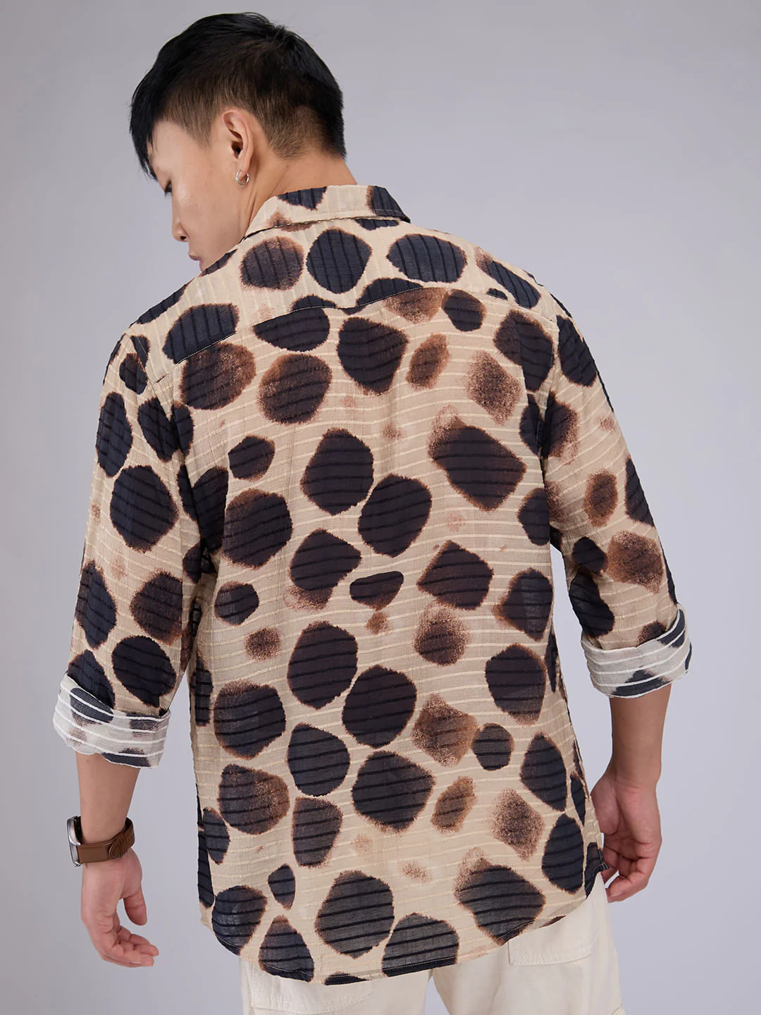 Beige Horizontal Dobby Striped Hawaiian Shirt - Image 8