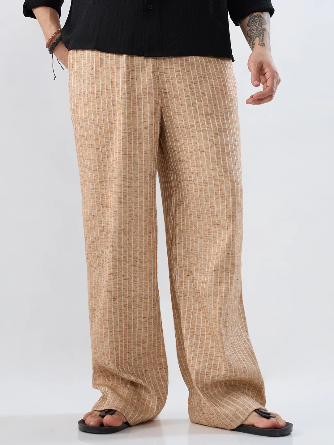 Beige Pinstripe Wide-Leg Trousers