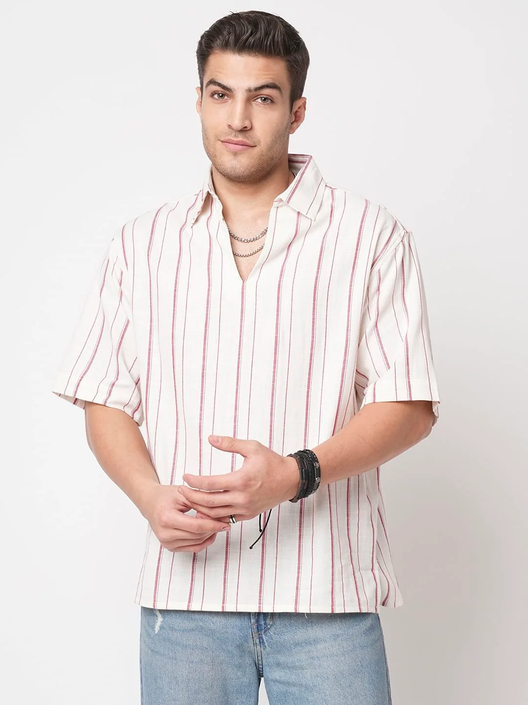 Berry Red & Off-White Striped Oversized Polo Shirt - Image 5
