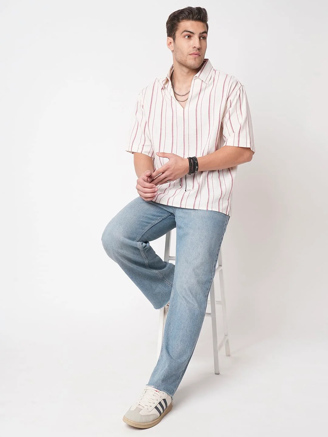 Berry Red & Off-White Striped Oversized Polo Shirt - Image 8