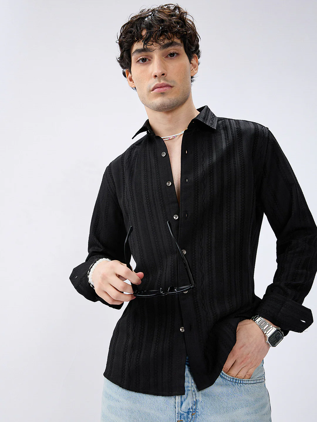 Black Artisan Woven Jacquard Striped Shirt
