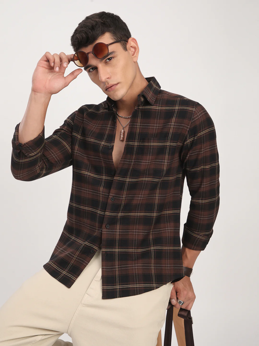 Premium Cotton Black & Dark Brown Obscura Checks Shirt