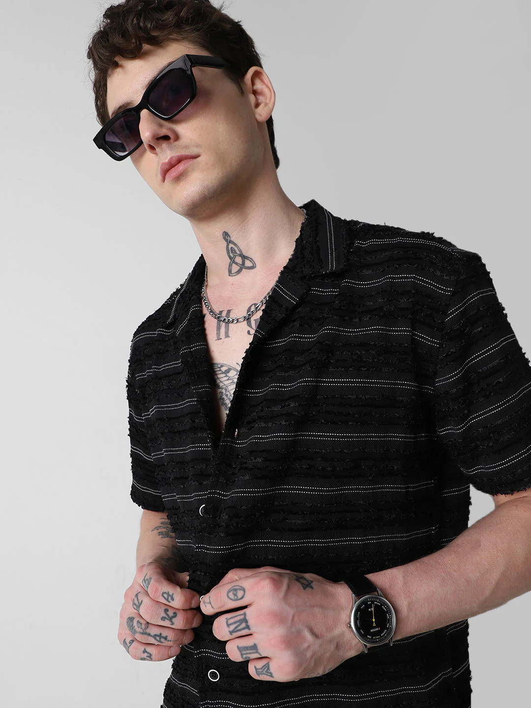 Black Even Stripe Frayed Oversized Shirt