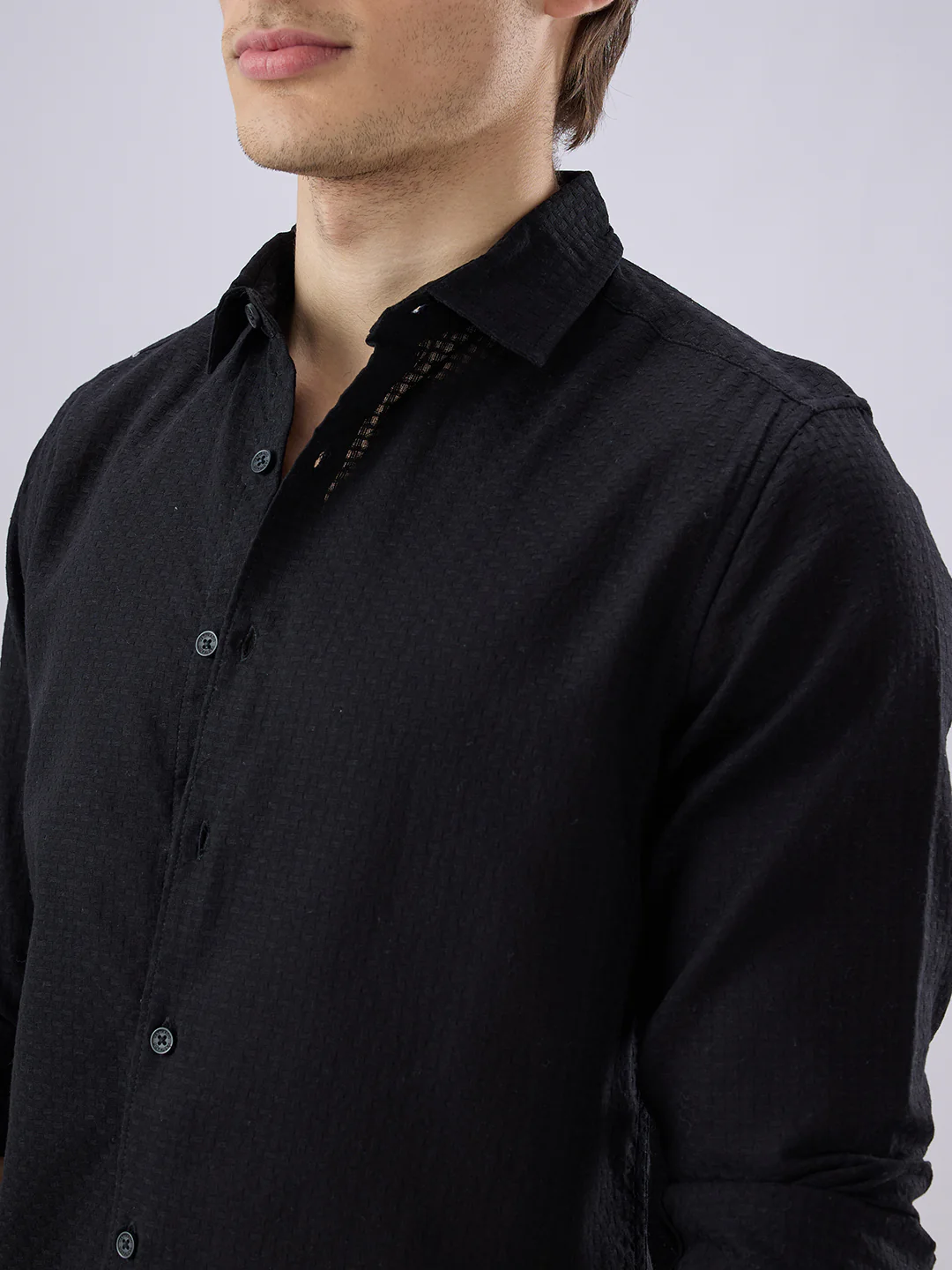 Black Open Weave Refined Textured Shirt - Image 3