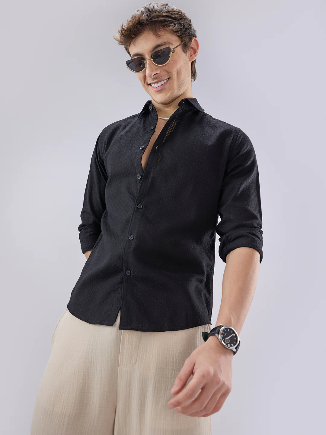 Black Open Weave Refined Textured Shirt - Image 4