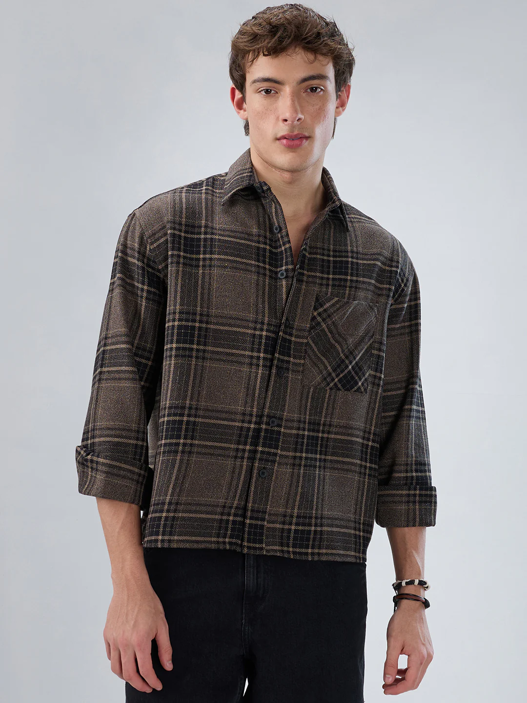 Black & Peanut Brown Plaid Checks Boxy Fit Crop Shirt - Image 5