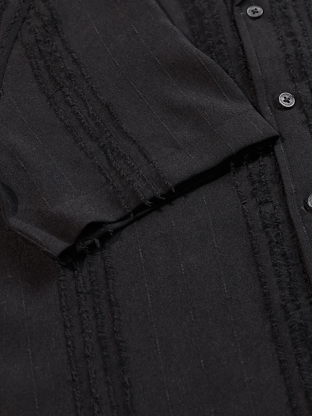Black Self-Design Frayed Oversized Shirt - Image 3