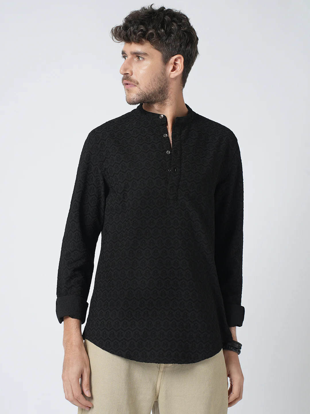 Black Self-Design Textured Kurta - Image 4