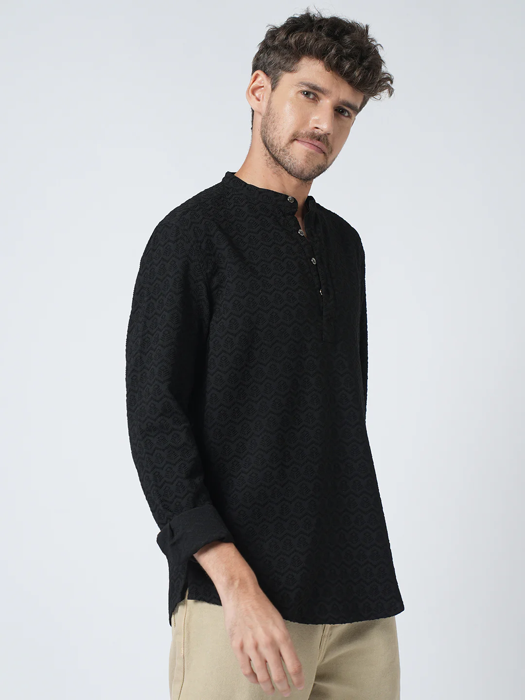 Black Self-Design Textured Kurta - Image 5