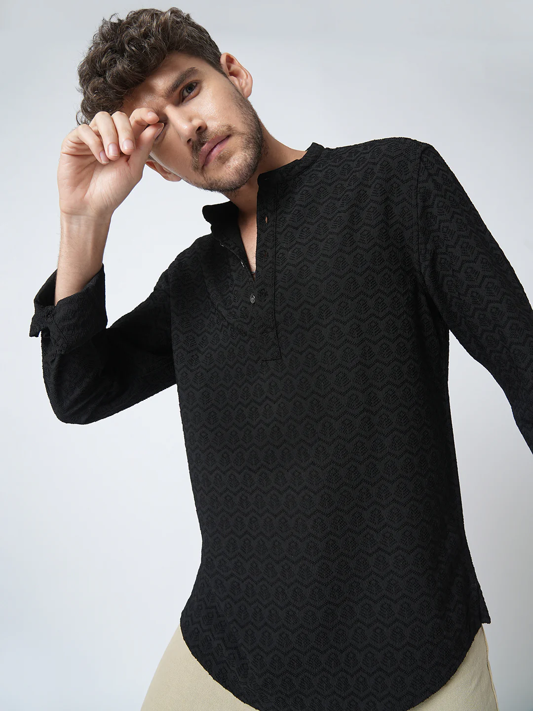 Black Self-Design Textured Kurta - Image 9