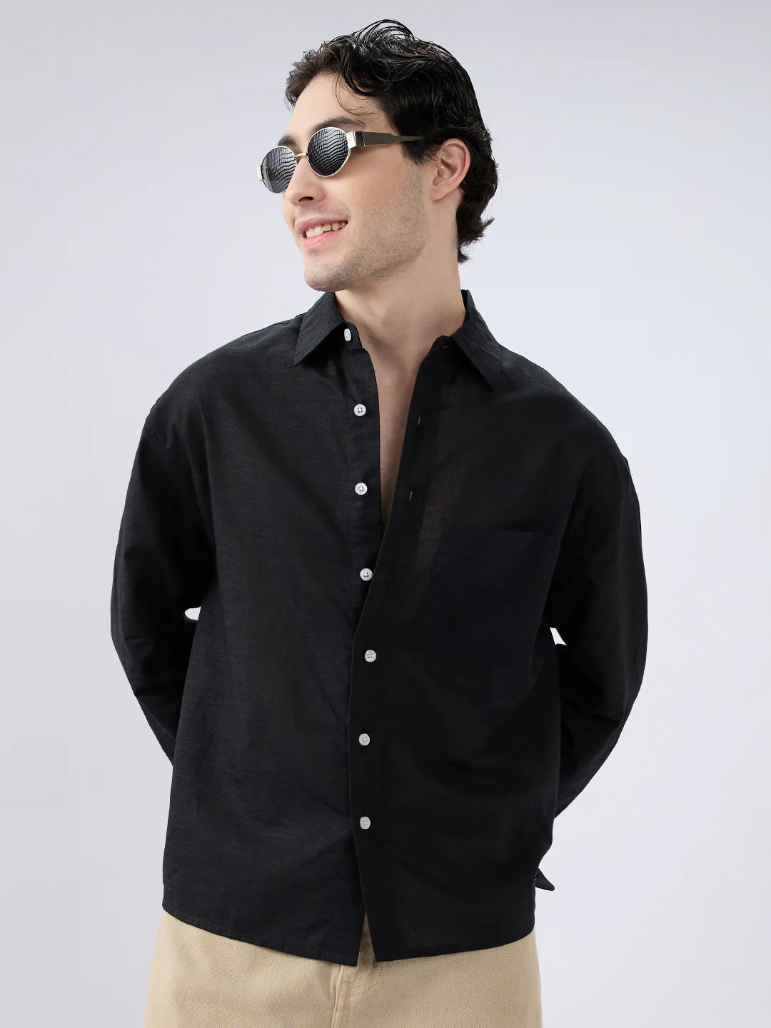 Black Subtle Linen Boxy Fit Crop Shirt