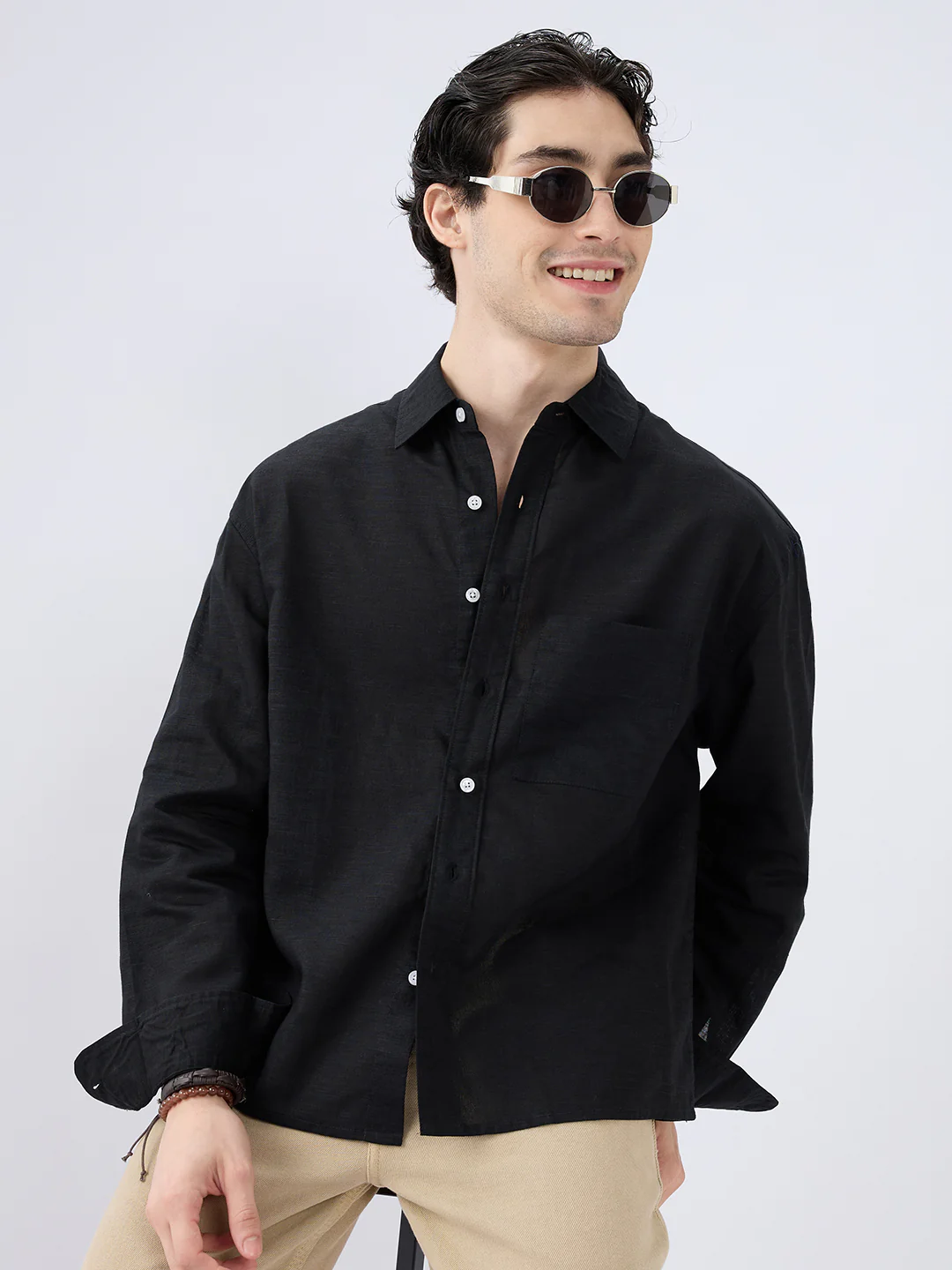 Black Subtle Linen Boxy Fit Crop Shirt - Image 2