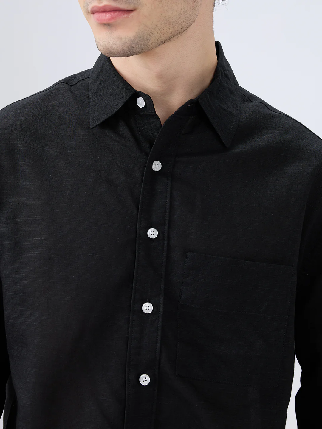 Black Subtle Linen Boxy Fit Crop Shirt - Image 3