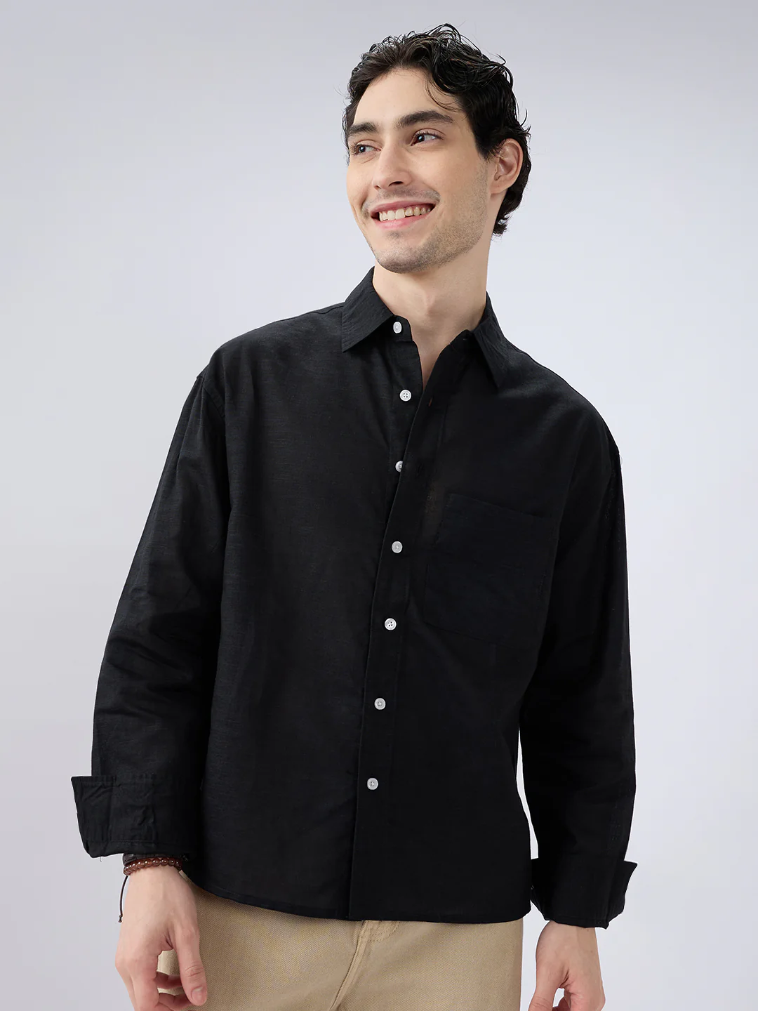 Black Subtle Linen Boxy Fit Crop Shirt - Image 4