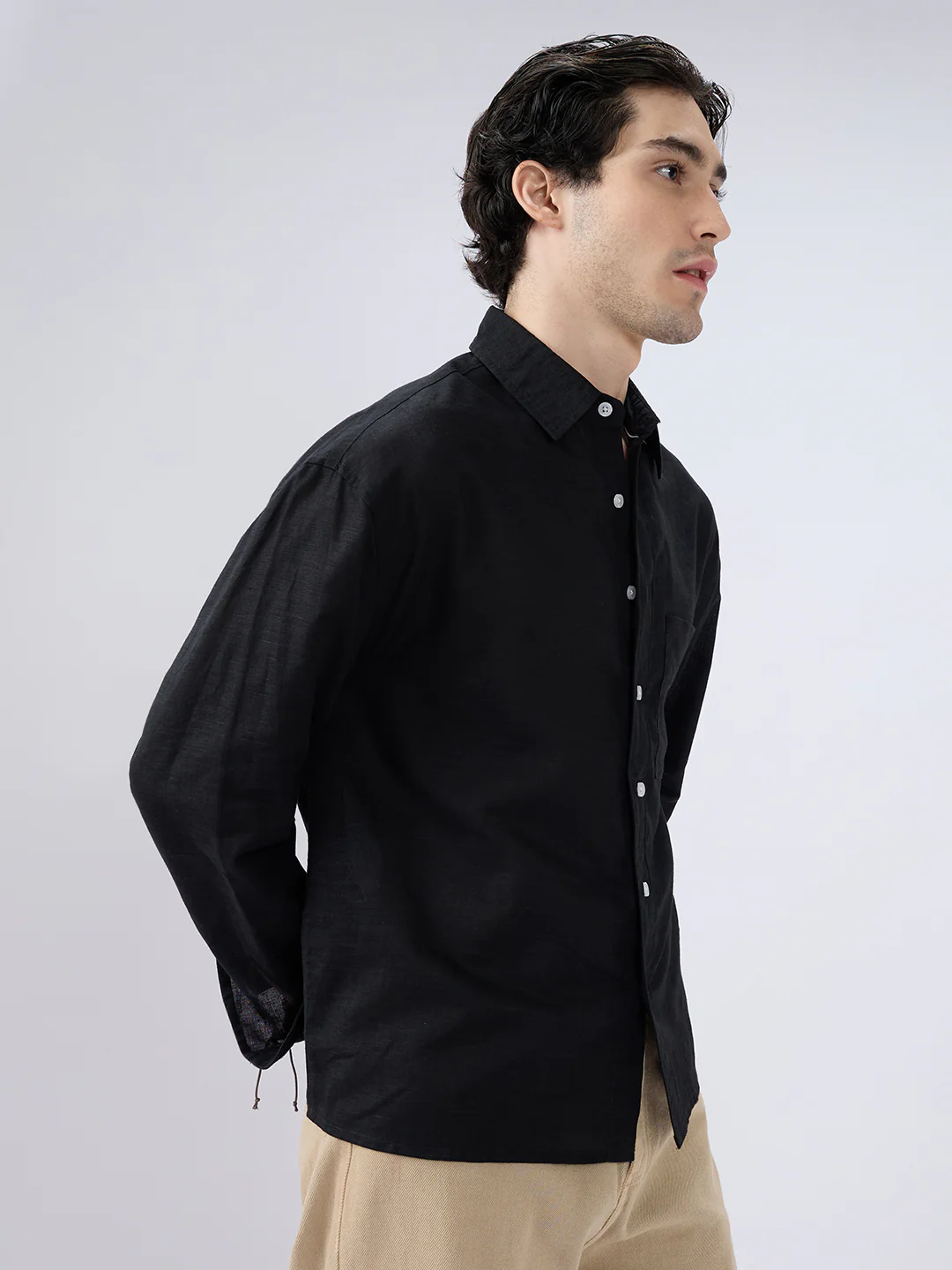 Black Subtle Linen Boxy Fit Crop Shirt - Image 5