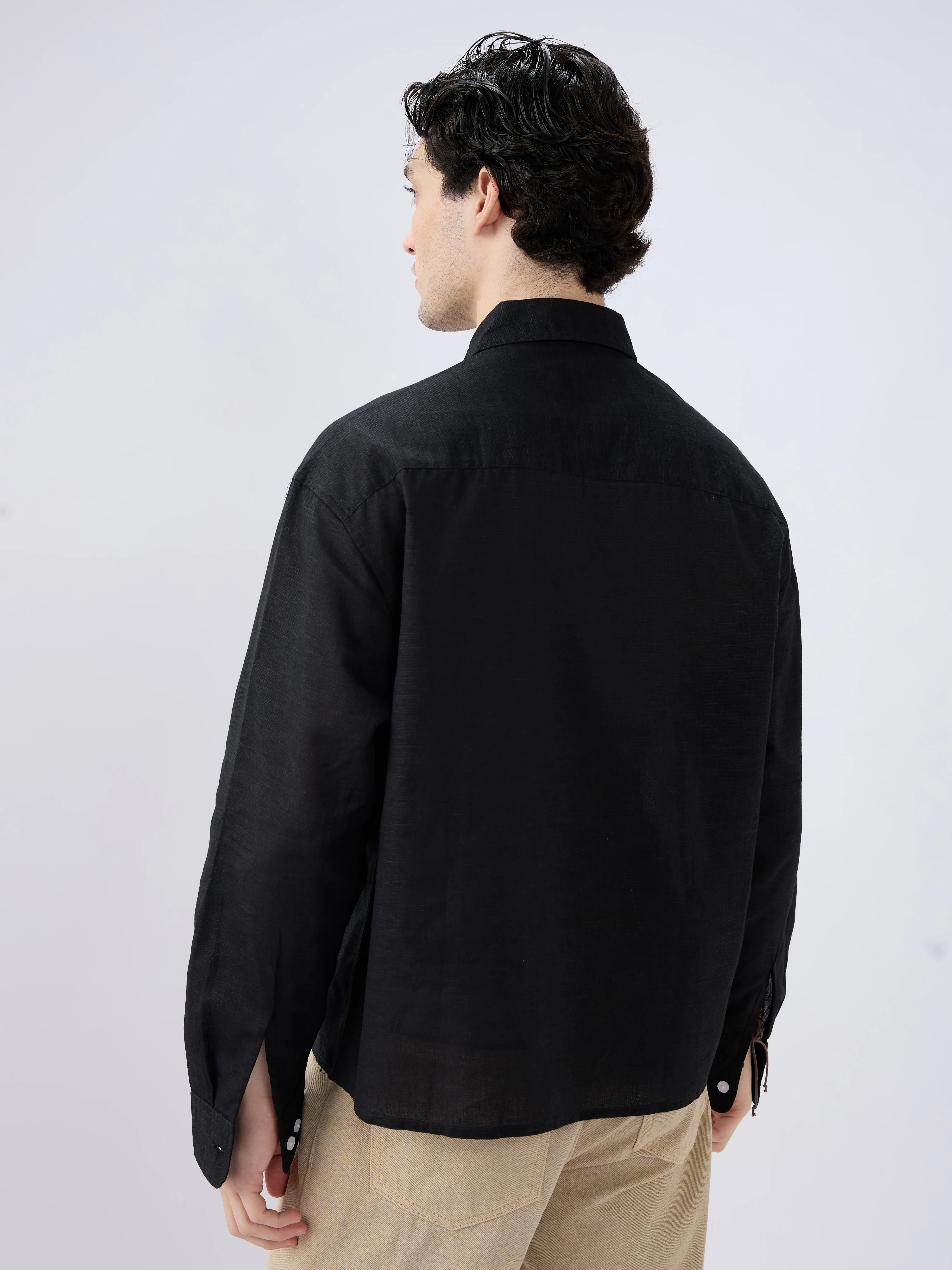 Black Subtle Linen Boxy Fit Crop Shirt - Image 6