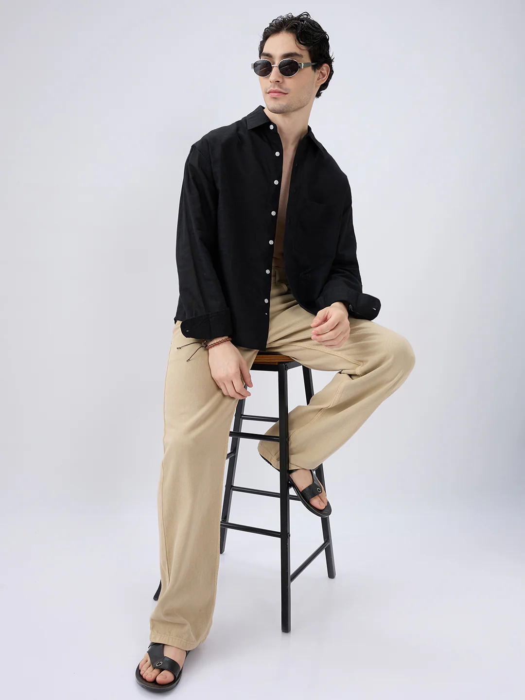 Black Subtle Linen Boxy Fit Crop Shirt - Image 7