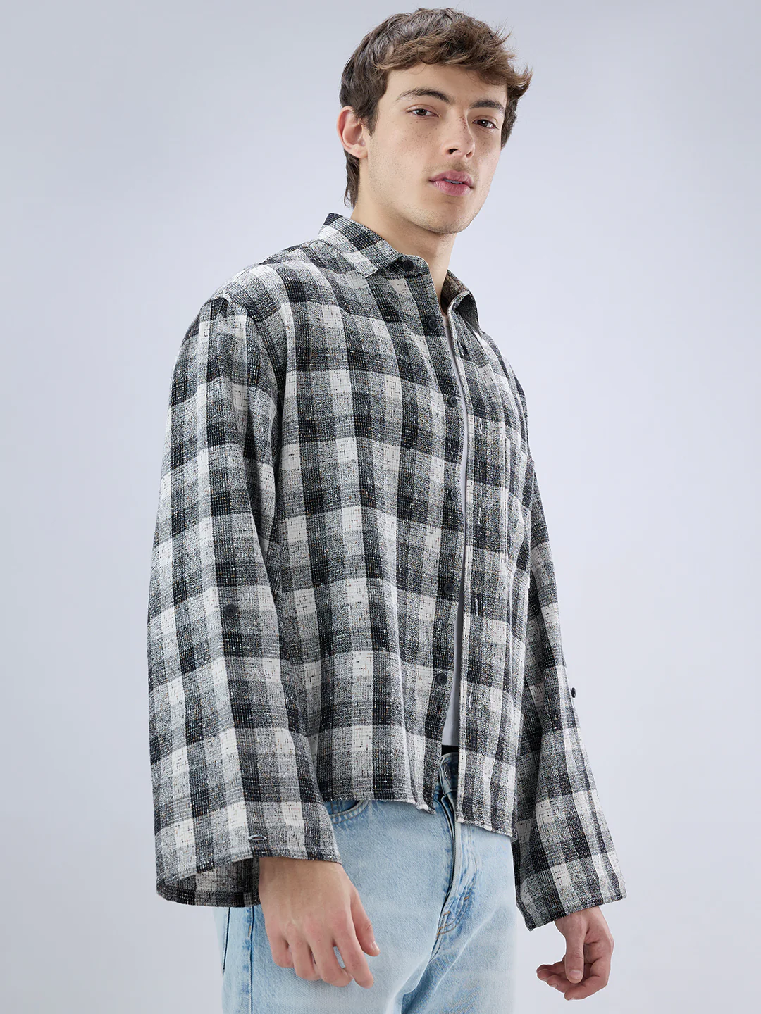 Black & White Textured Interweave Boxy Fit Crop Shirt - Image 6