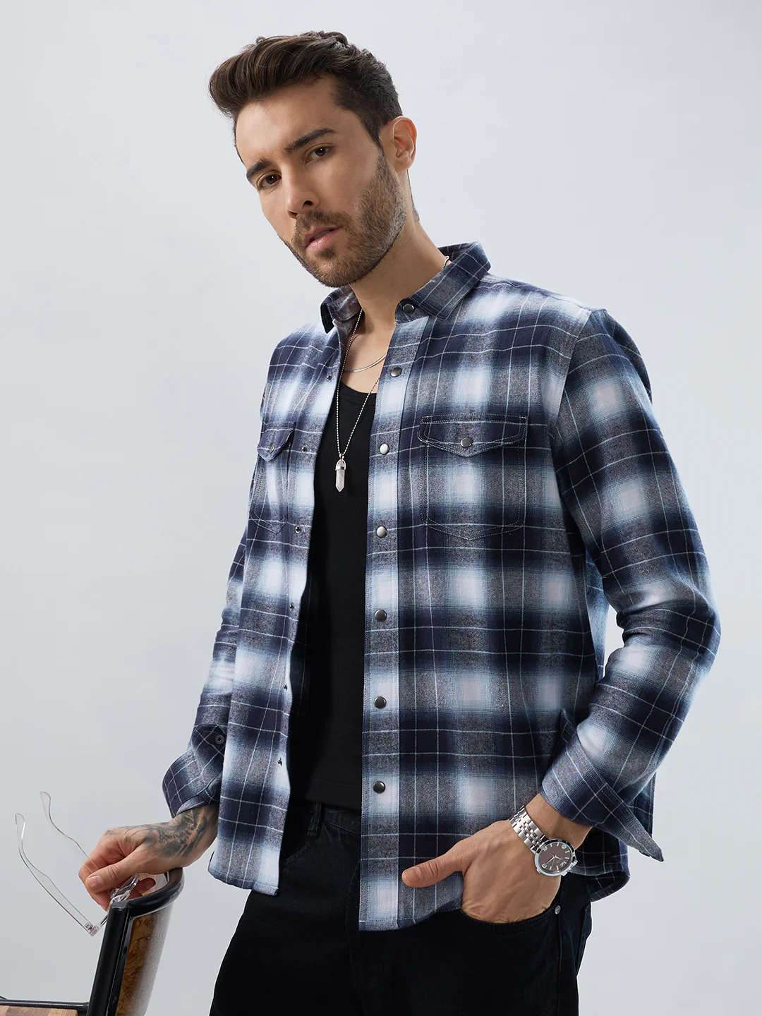 Blue Eminence Ombre Checks Twin Pocket Flannel Shirt - Image 2