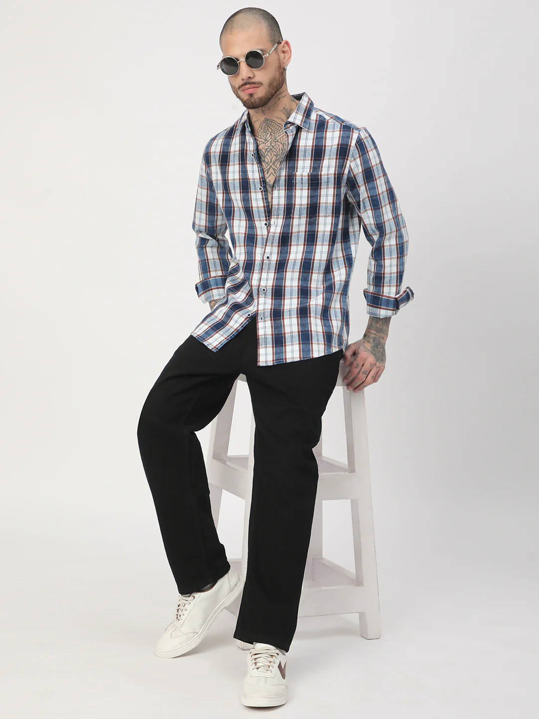 Denim Brown & Navy Plaid Checks Shirt - Image 8