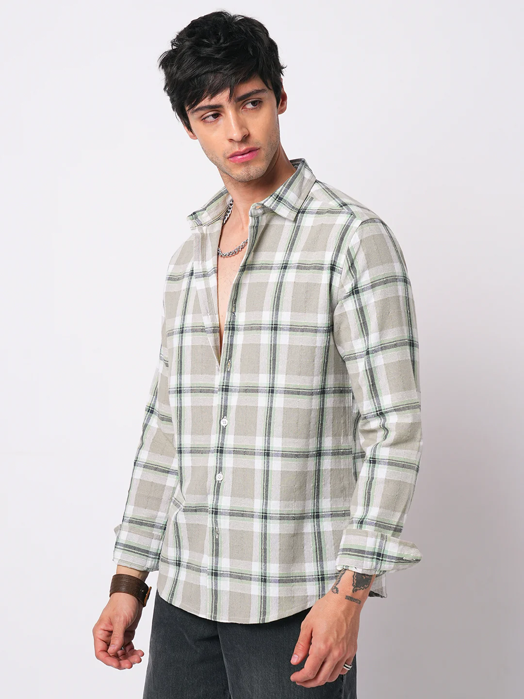Premium Cotton Burlap Grey & Navy Plaid Checks Textured Shirt - Image 6