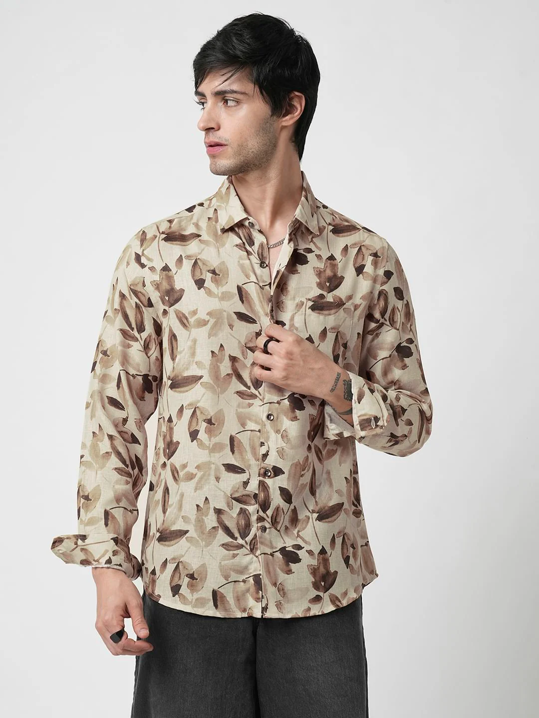 Camel Beige Artistic Floral Printed Linen Shirt - Image 4