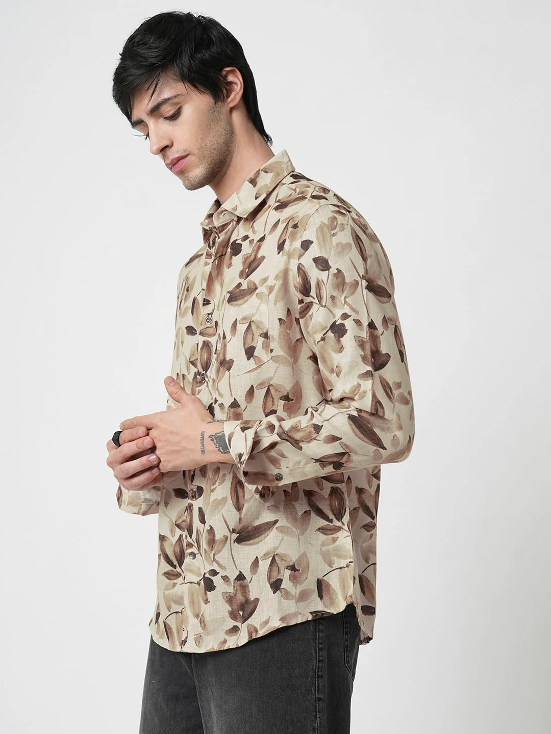 Camel Beige Artistic Floral Printed Linen Shirt - Image 5