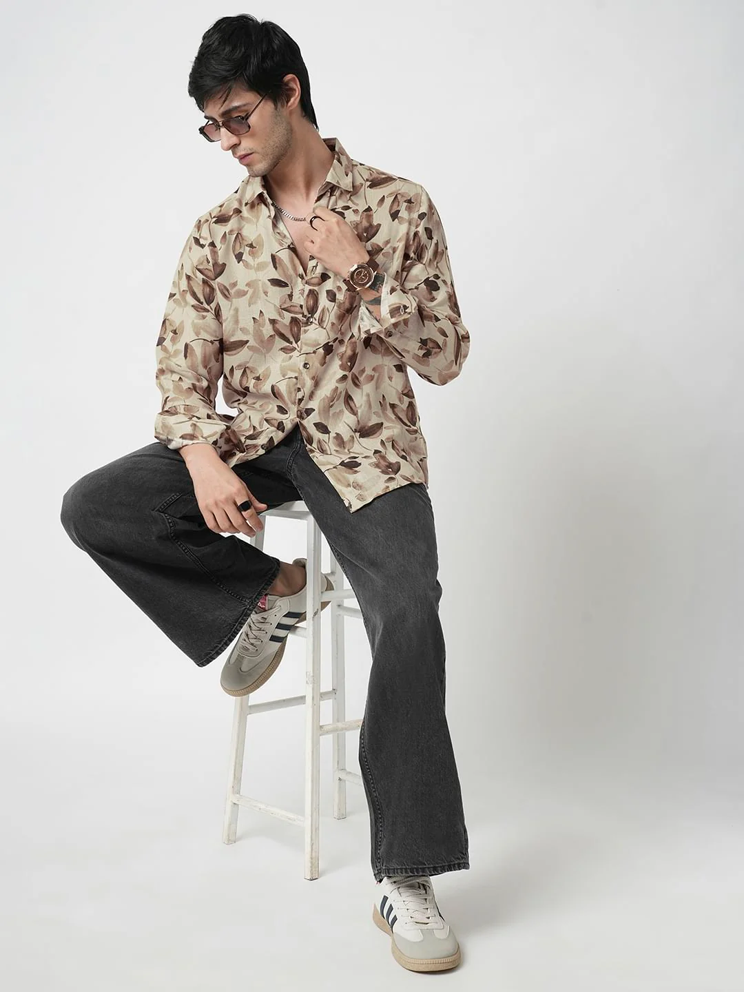 Camel Beige Artistic Floral Printed Linen Shirt - Image 7