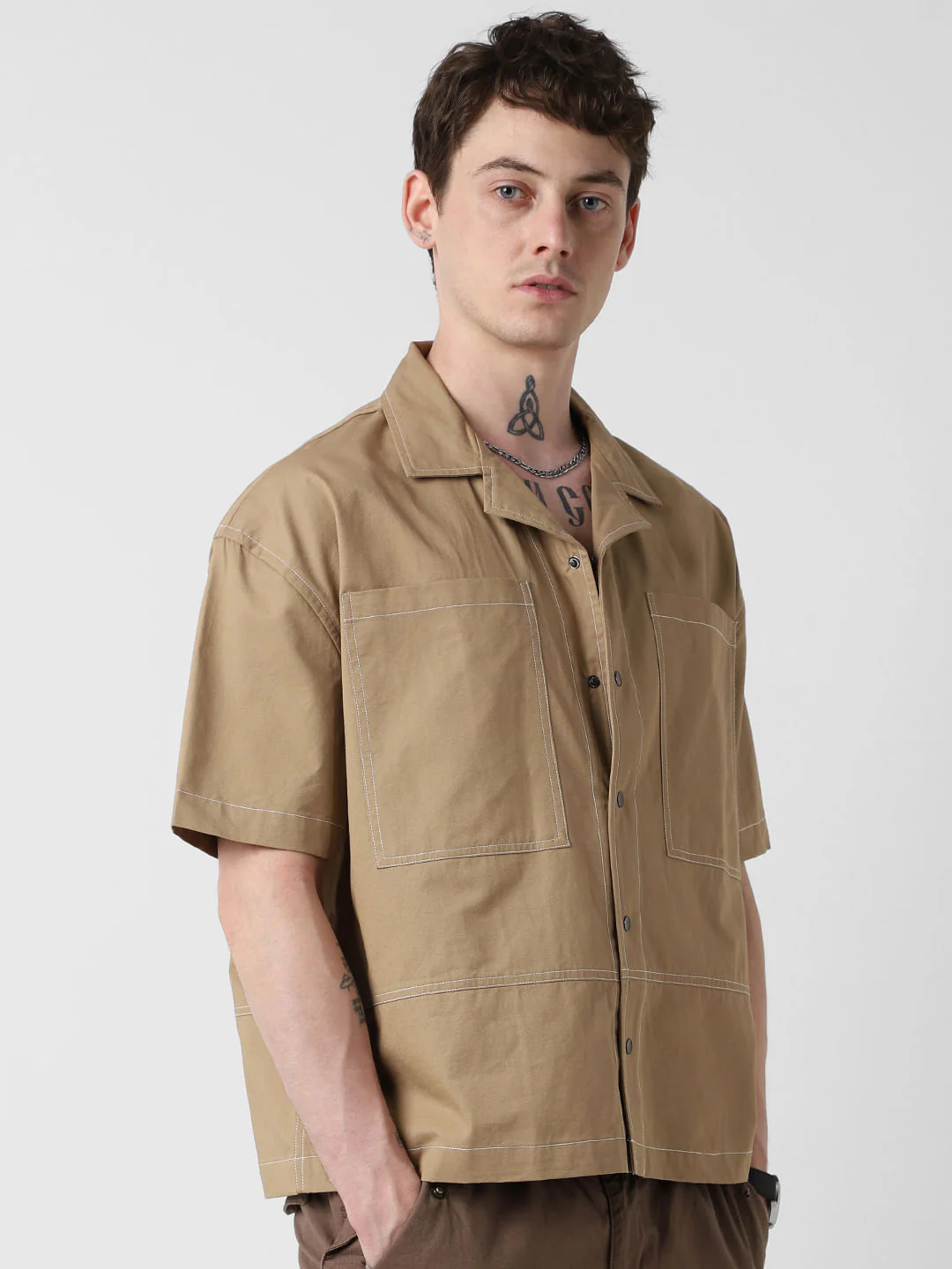 Camel Brown Double Pocket Oversized Cropped Shirt - Image 6