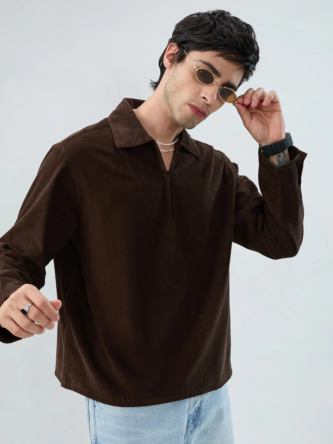 Carob Brown Corduroy Cuffless Oversized Shirt - Image 4