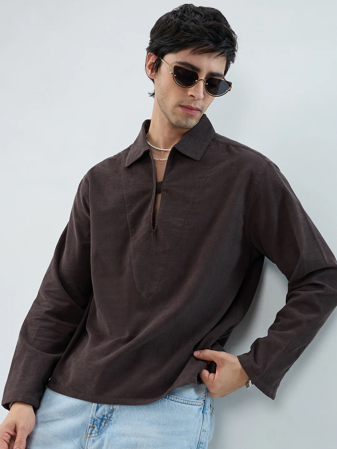 Charcoal Grey Corduroy Cuffless Oversized Shirt